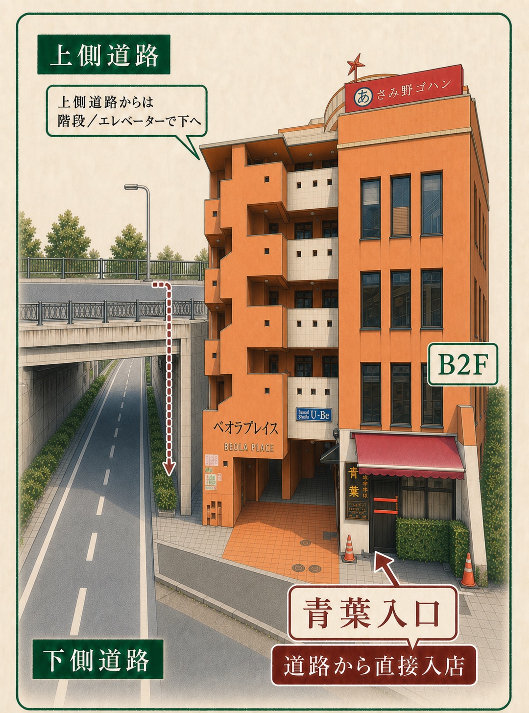 青葉の入口はベオラプレイスB2Fの下側道路に面しています。上側道路からは階段またはエレベーターで下へお越しください。